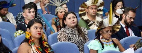 Plateia com lideranças em trajes e cocares tradicionais